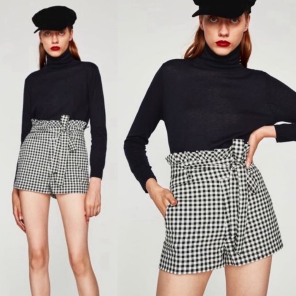 ZARA Black & White Gingham Tie Waist Shorts